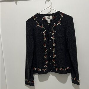 Christmas Charcoal gray Cardigan poinsettias & Holly berry Embroidery size M GUC